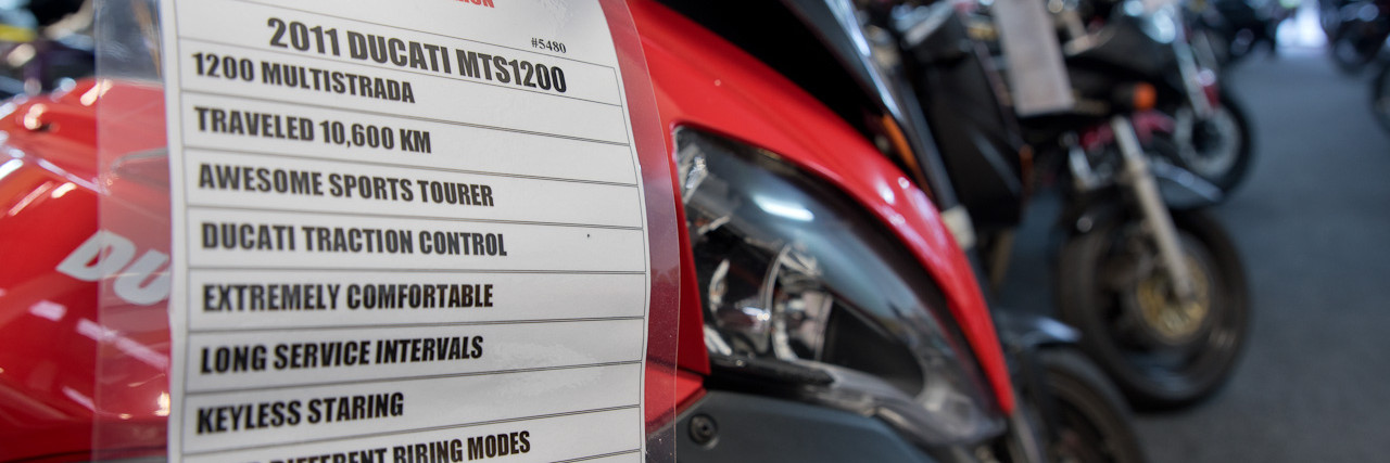 Close up of information sheet about motorbike