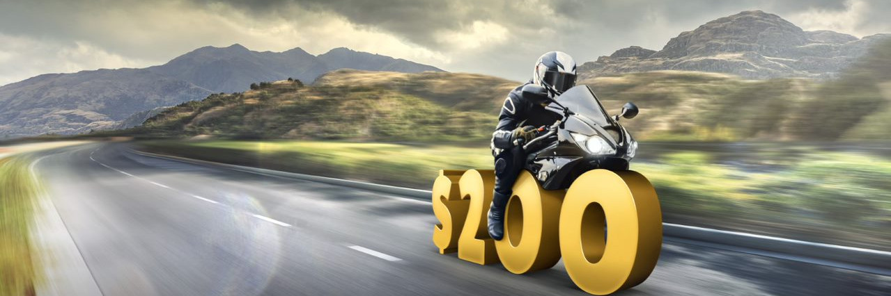 Stylised image of motorcyclist riding $200 text