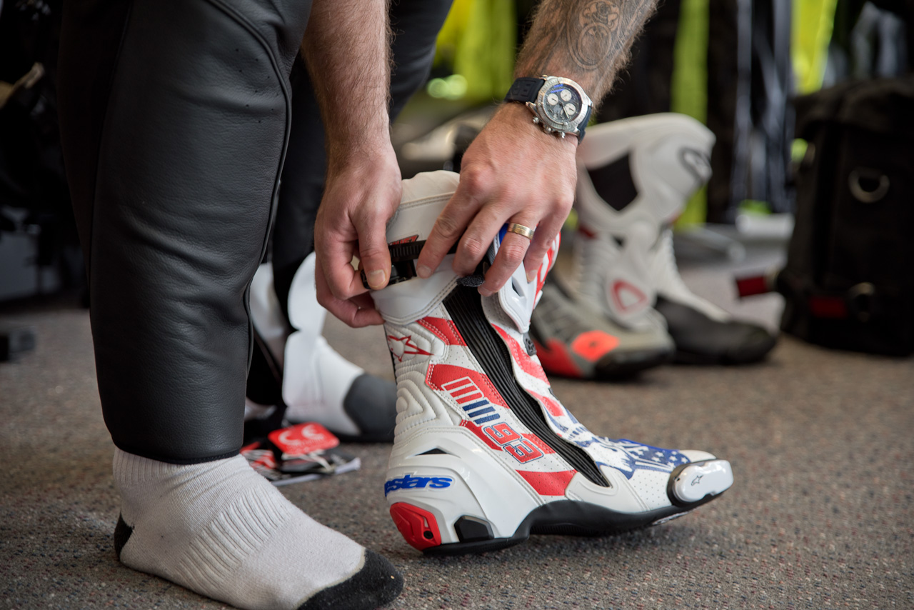 Trying on motorcycle boots