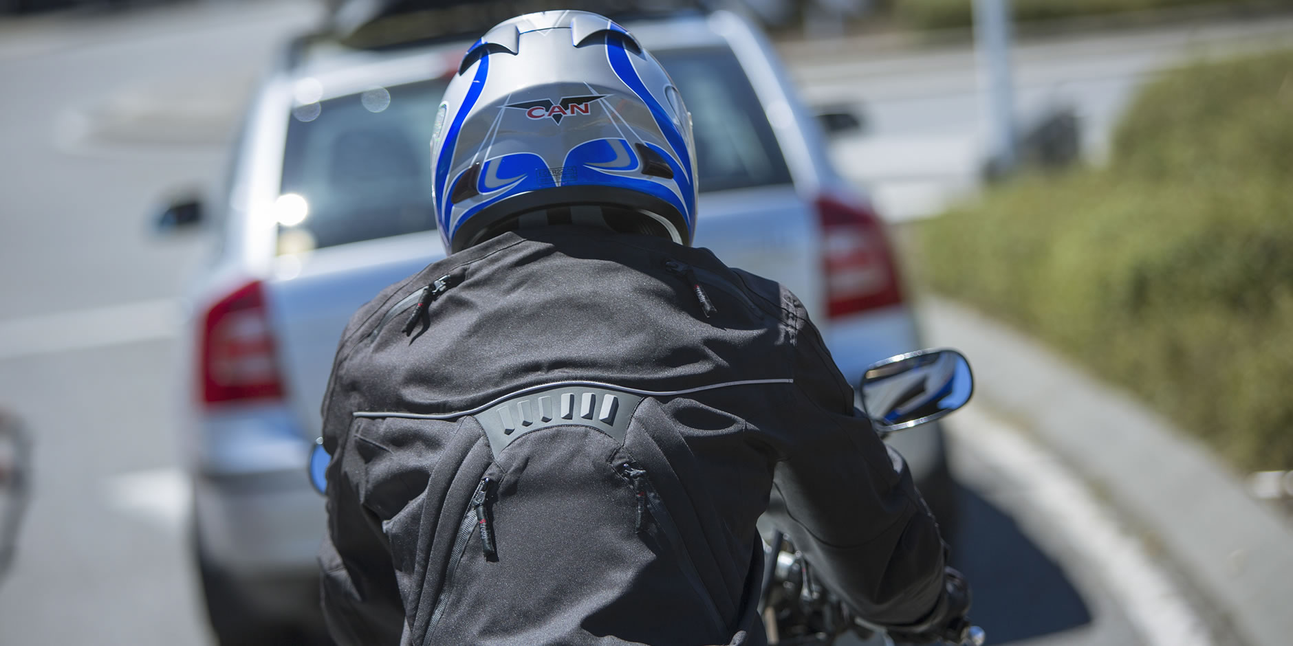 View from behind motorcyclist